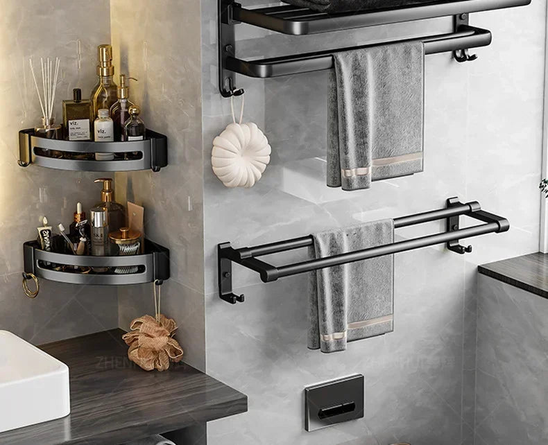 Popular Style 40/50CM Bathroom Self-Adhesive Wall Mount Bathroom Waterproof and Rust Proof Storage Shelf with Hook Towel Holder