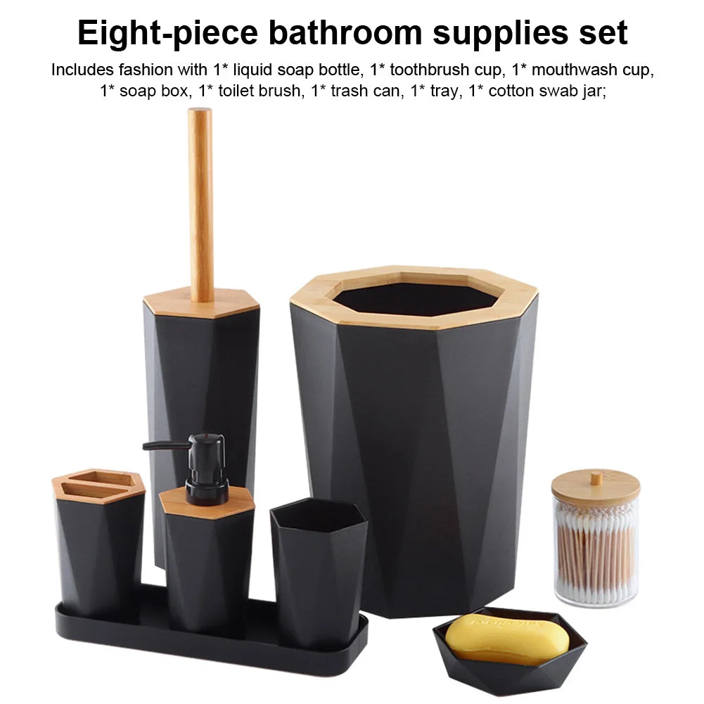 8 Pcs Bathroom Accessories Set with Cup Holder Dish Dispenser Bin Brush (Black)
