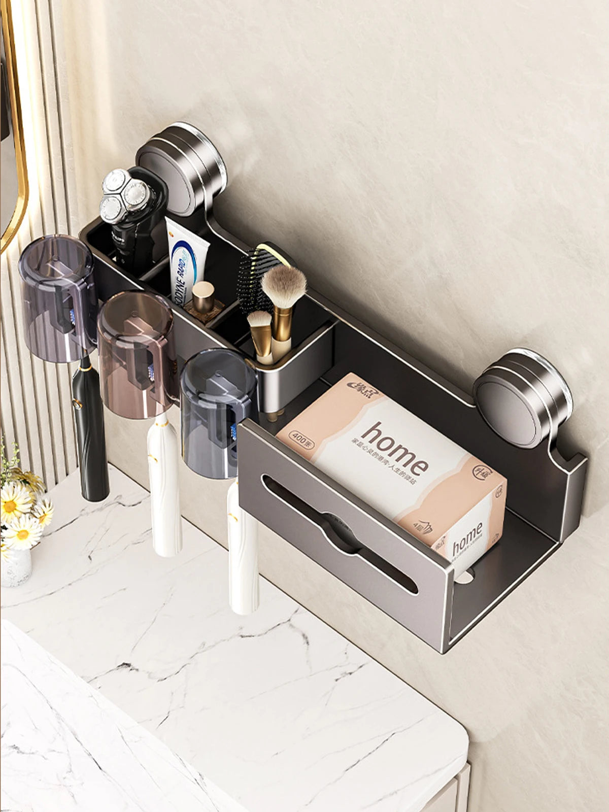 Suction Cup Toothbrush Holder With Paper Towel Holder Bathroom Shelf Mouthwash Cup Toothbrush Holder