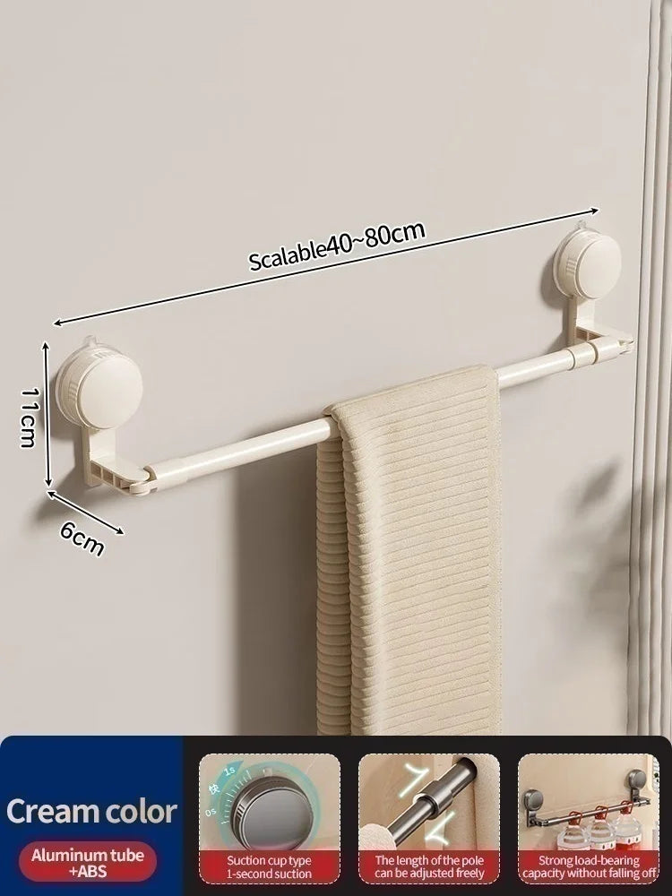 Extendable Rod Kitchen Hook Suction Cup Towel Rack Bathroom Retractable Towel Pole Storage Rack Bathroom Towel Storage Bar