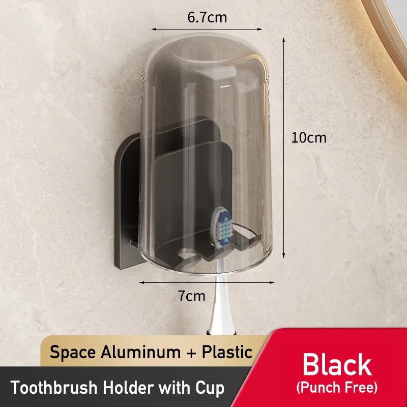 Punch Free Aluminum Wall Mount Toothbrush Holder and Cup Electric Tooth Brush Hold Bathroom Organizer Rack Toothbrushes Storage