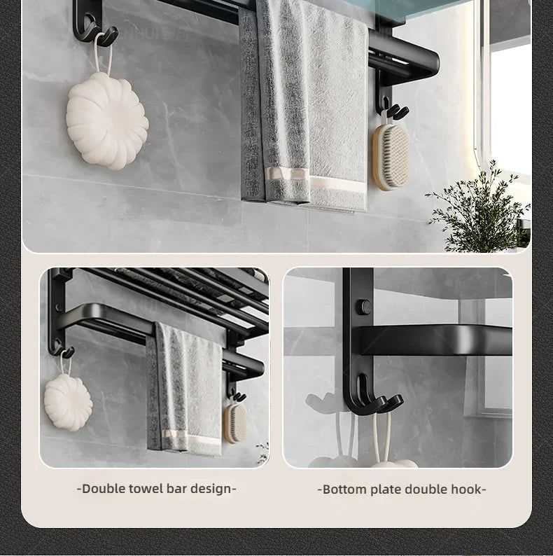 Popular Style 40/50CM Bathroom Self-Adhesive Wall Mount Bathroom Waterproof and Rust Proof Storage Shelf with Hook Towel Holder