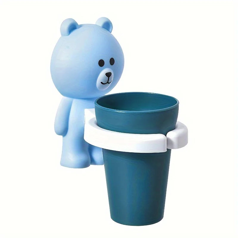 1pc Adorable Bear Wall-Mounted Toothbrush Holder with Gargle Cup - No Drill, Space-Saving Bathroom Organizer, Playful Design