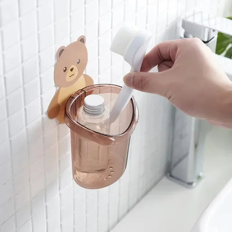 New Toothbrush Holder Adorable Bear Hug Storage Cup Wall-mounted Drain Design Easy Organization Toothbrush Cup Bathroom Supplies