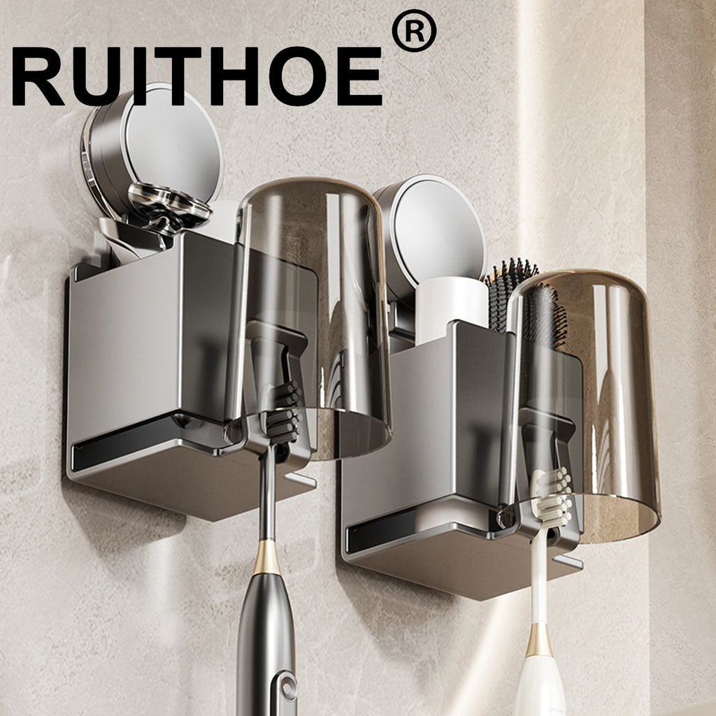 Suction Cup Toothbrush Holder With Squeezer Perforation-free Bathroom Shelf Mouthwash Cup Toothbrush Holder