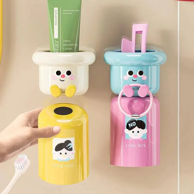 Cartoon Magnetic Toothbrush Holder Punch-Free Upside down Wall Mounted Bathroom Storage Rack Gargle Cup Organizer