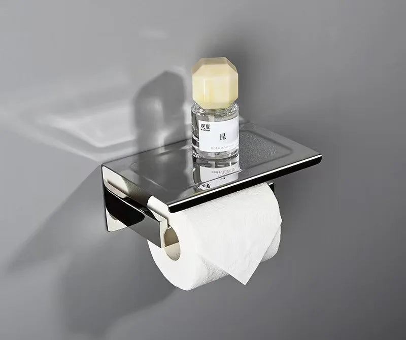 Stainless Steel Toilet Paper Holder Wall Mount with Shelf Tissue Paper Roll Holder Drilling Design Bathroom Storage Organizer