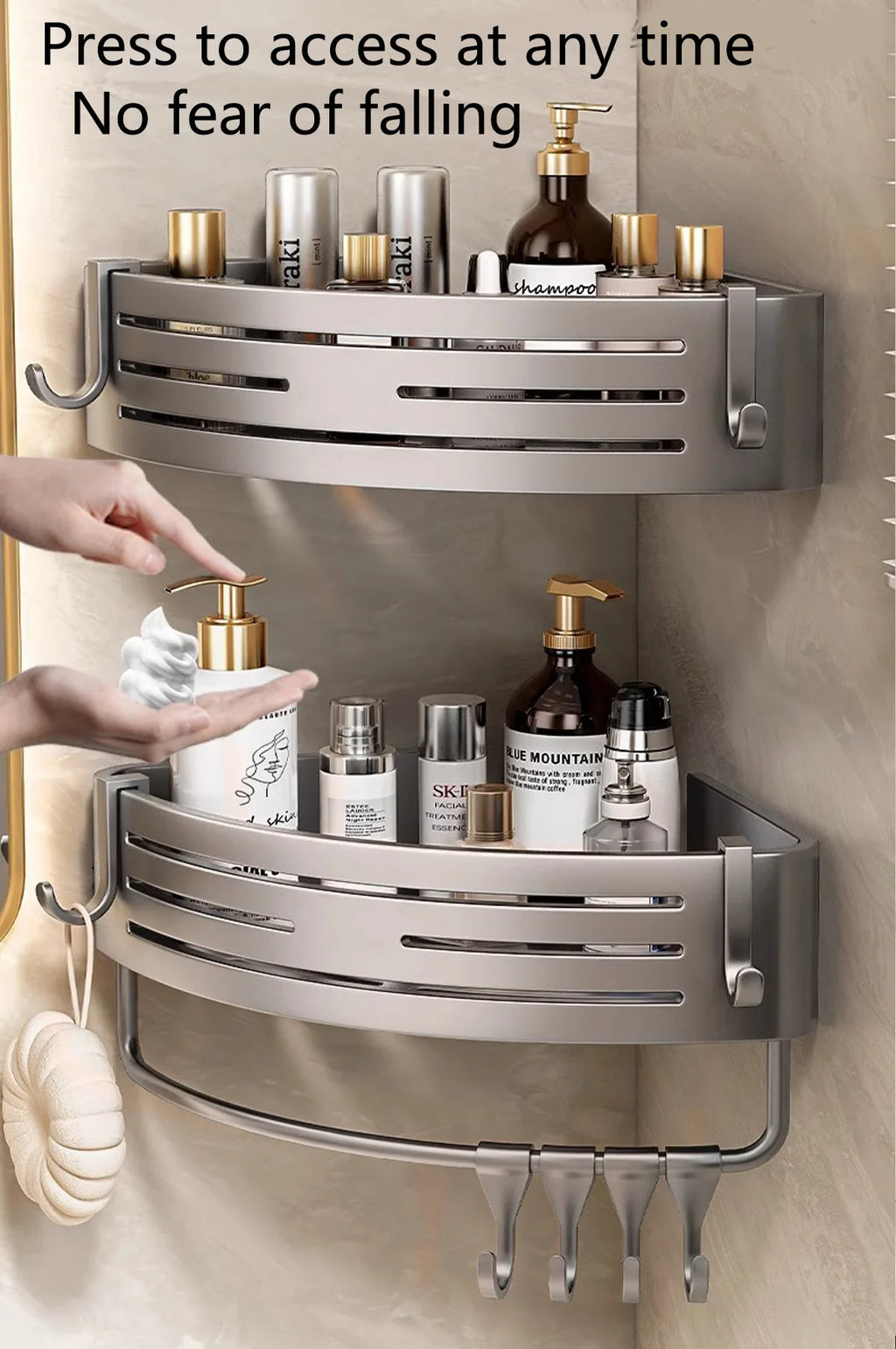 1-2PCS Shower Corner Shelf with Hook Towel Bar No Drill Space Aluminum Shower Storage Rack Bathroom Organizer
