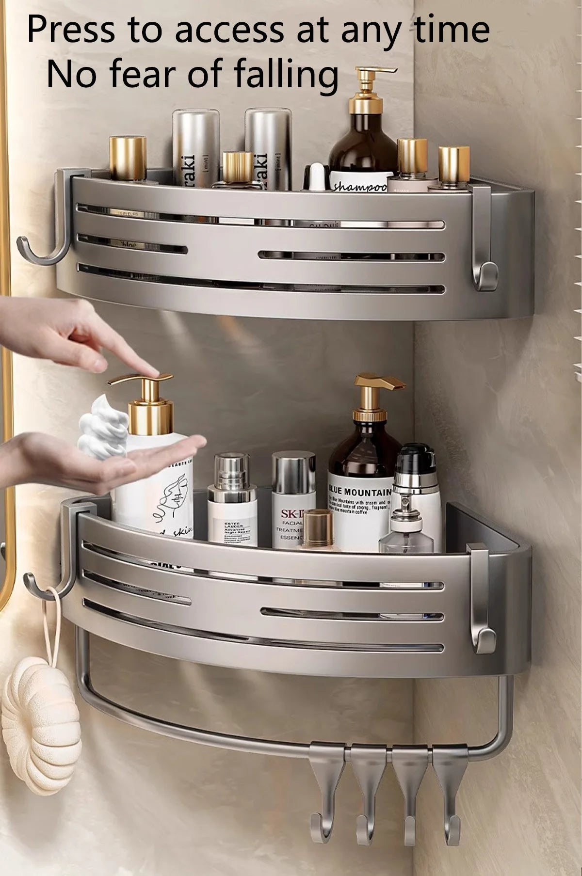 1-2PCS Shower Corner Shelf with Hook Towel Bar No Drill Space Aluminum Shower Storage Rack Bathroom Organizer