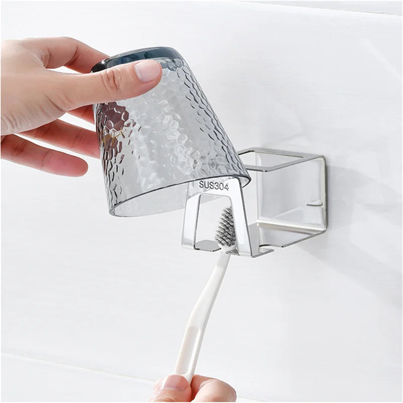 Self-adhesive Wall Mount Stainless Steel Toothbrush Holder Punch-free Toothpaste Organizer Mouthwash Cup Stand Bathroom Tools