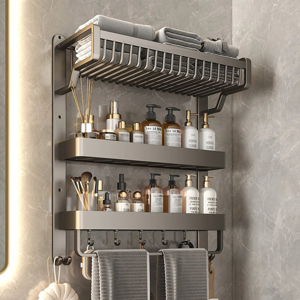 【Breeins】2/3-Tier Bathroom Wall Shelf with Towel Bar and Hooks Organizer Storage Rack