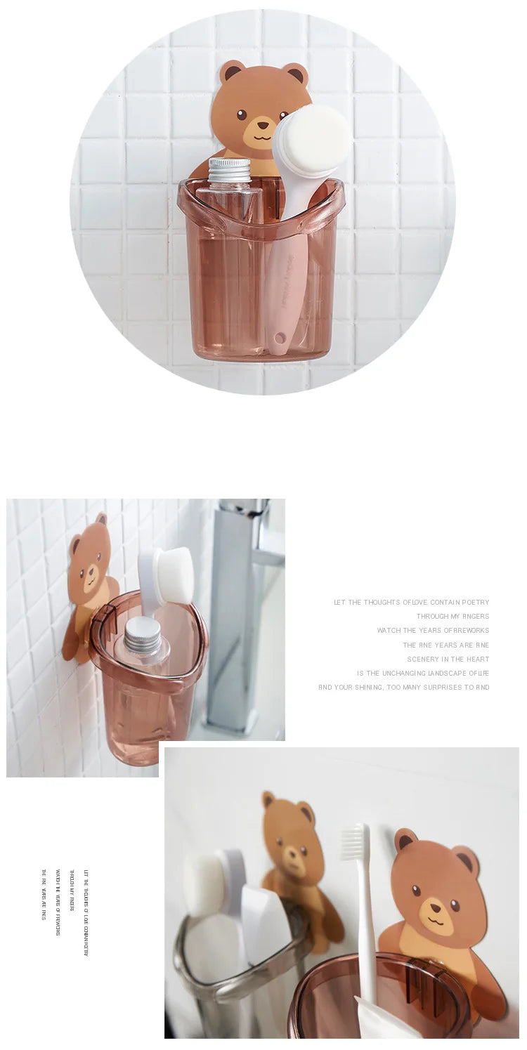 New Toothbrush Holder Adorable Bear Hug Storage Cup Wall-mounted Drain Design Easy Organization Toothbrush Cup Bathroom Supplies