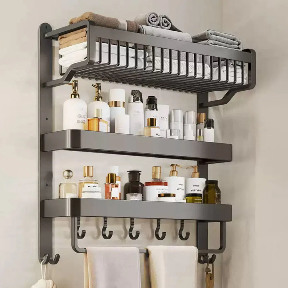 【Breeins】2/3-Tier Bathroom Wall Shelf with Towel Bar and Hooks Organizer Storage Rack