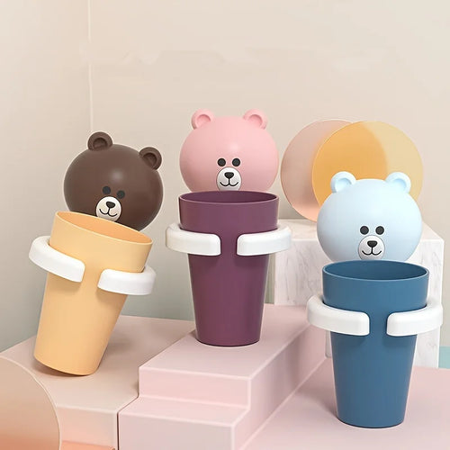 1pc Adorable Bear Wall-Mounted Toothbrush Holder with Gargle Cup - No Drill, Space-Saving Bathroom Organizer, Playful Design