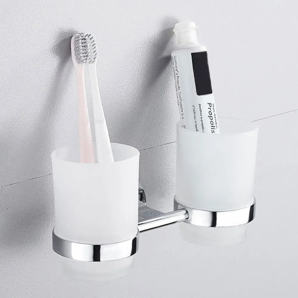 Toothbrushing Cup Bathroom Supplies Double Tumbler Cup Holder  Toothbrush Holder Wall Mount Cup Strong Anti-Fall Bath Accessori