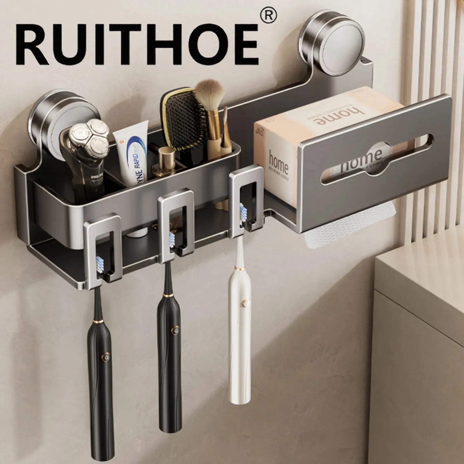 Suction Cup Toothbrush Holder With Paper Towel Holder Wall Mounted Storage Bathroom Shelf Mouthwash Cup Toothbrush Holder