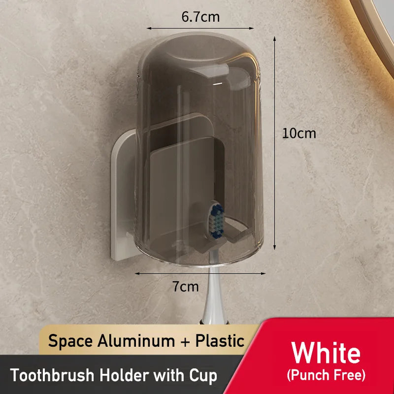 Punch Free Aluminum Wall Mount Toothbrush Holder and Cup Electric Tooth Brush Hold Bathroom Organizer Rack Toothbrushes Storage