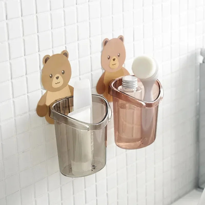 New Toothbrush Holder Adorable Bear Hug Storage Cup Wall-mounted Drain Design Easy Organization Toothbrush Cup Bathroom Supplies