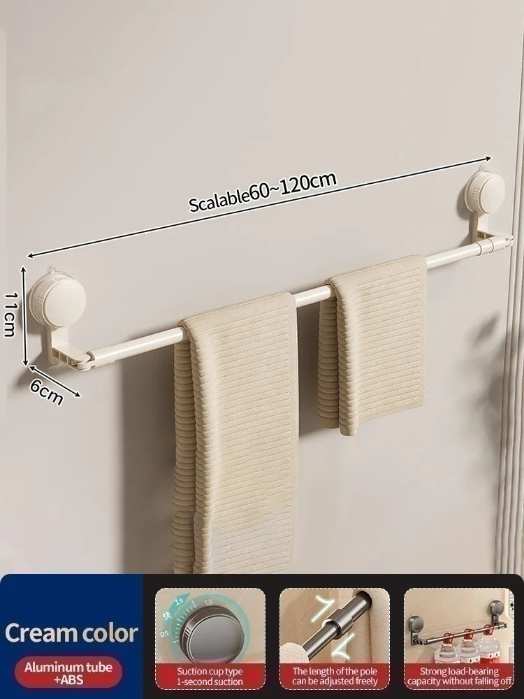 Extendable Rod Kitchen Hook Suction Cup Towel Rack Bathroom Retractable Towel Pole Storage Rack Bathroom Towel Storage Bar