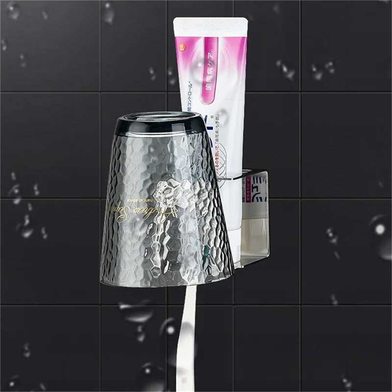 Self-adhesive Wall Mount Stainless Steel Toothbrush Holder Punch-free Toothpaste Organizer Mouthwash Cup Stand Bathroom Tools