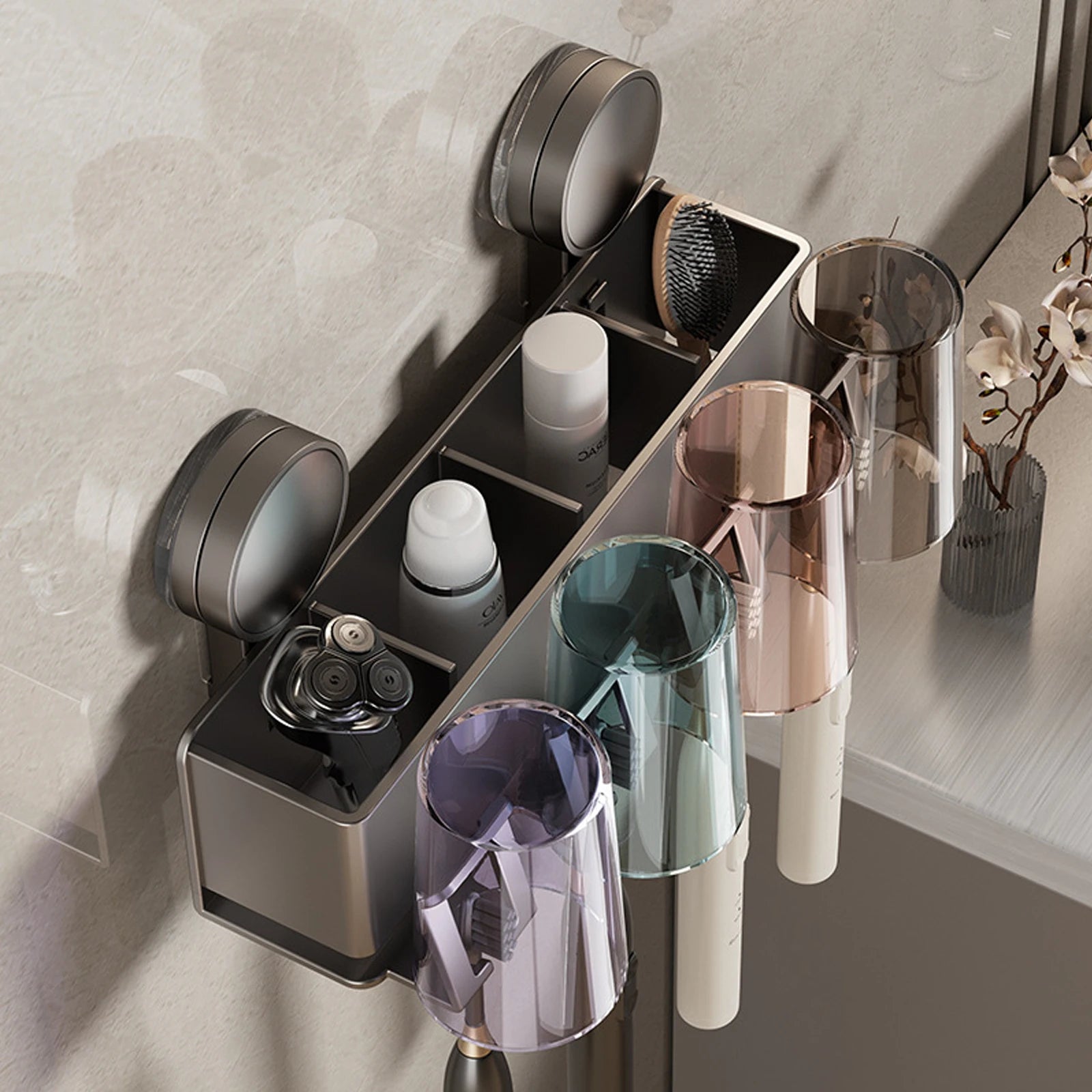 Suction cup Multifunctional Toothbrush Rack and Mug Holder Wall Mounted Toothpaste and Mouthwash Storage with tooth cup