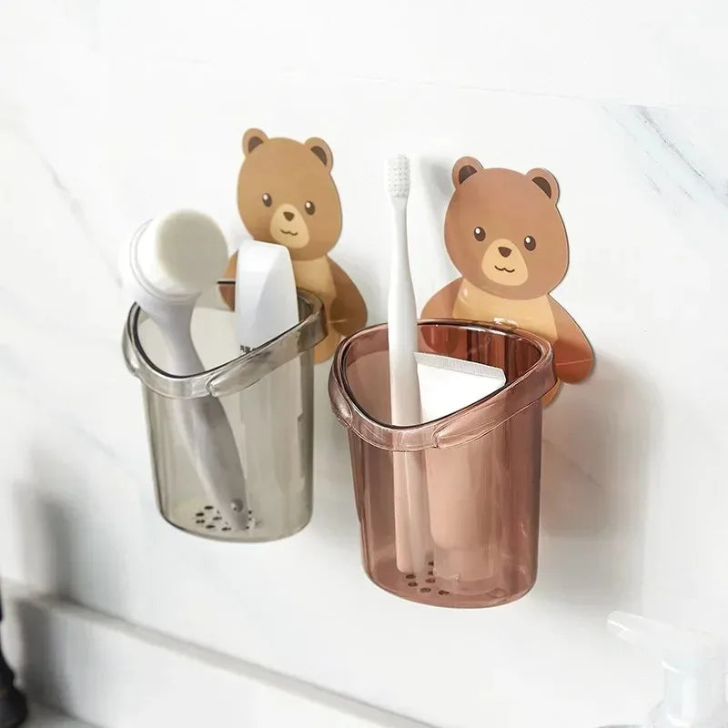 New Toothbrush Holder Adorable Bear Hug Storage Cup Wall-mounted Drain Design Easy Organization Toothbrush Cup Bathroom Supplies