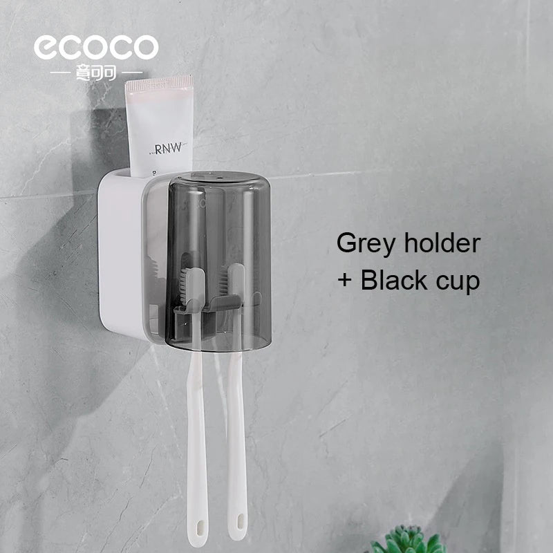 ECOCO Toothbrush Holder and Cup Set Wall Mount Bathroom Accessory Punch Free Mouthwash Holder for Single Home School Student