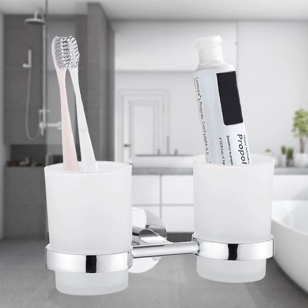 Bathroom Modern Wall-Mounted Toothbrush Holder Glass Cup Tumbler Frame Bathroom Storage Organizer Tooth Brush Cup Tools Washroom
