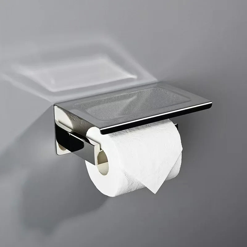 Stainless Steel Toilet Paper Holder Wall Mount with Shelf Tissue Paper Roll Holder Drilling Design Bathroom Storage Organizer