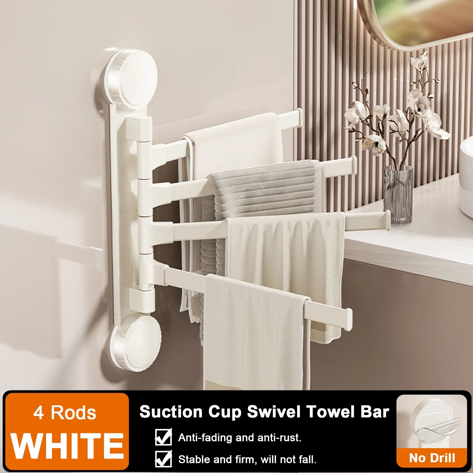 Suction Cup Towel Rack Rotatable Towel Holder Aluminum 2/3/4/5-Bar Towel Hanger Kitchen Bathroom Hanging Wall Mounted