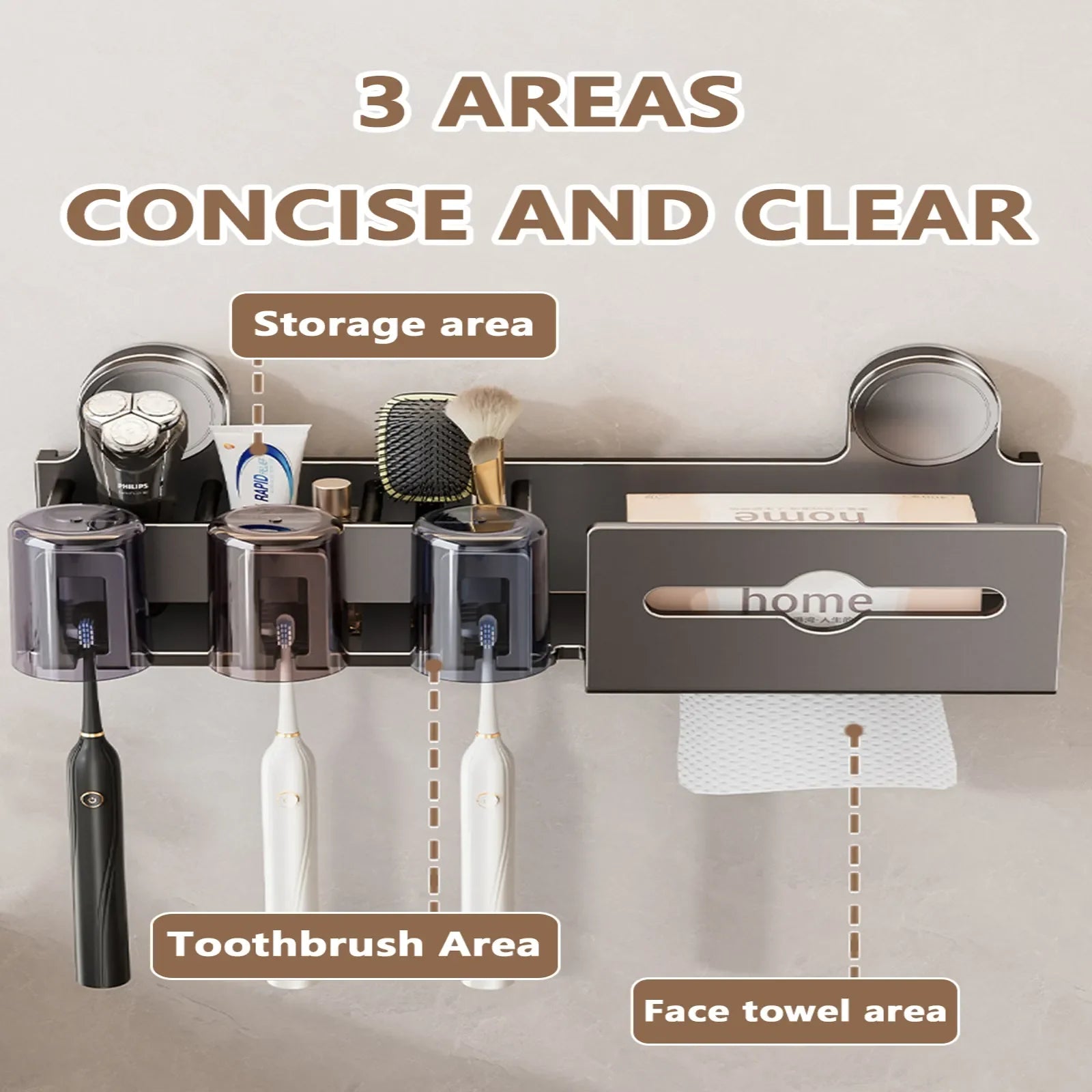 Suction Cup Toothbrush Holder With Paper Towel Holder Wall Mounted Storage Bathroom Shelf Mouthwash Cup Toothbrush Holder