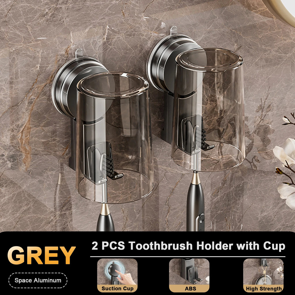 Suction Cup Toothbrush Holder With Squeezer Perforation-free Bathroom Shelf Mouthwash Cup Toothbrush Holder