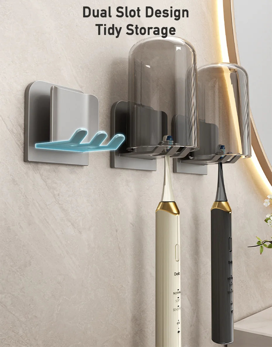 Punch Free Aluminum Wall Mount Toothbrush Holder and Cup Electric Tooth Brush Hold Bathroom Organizer Rack Toothbrushes Storage