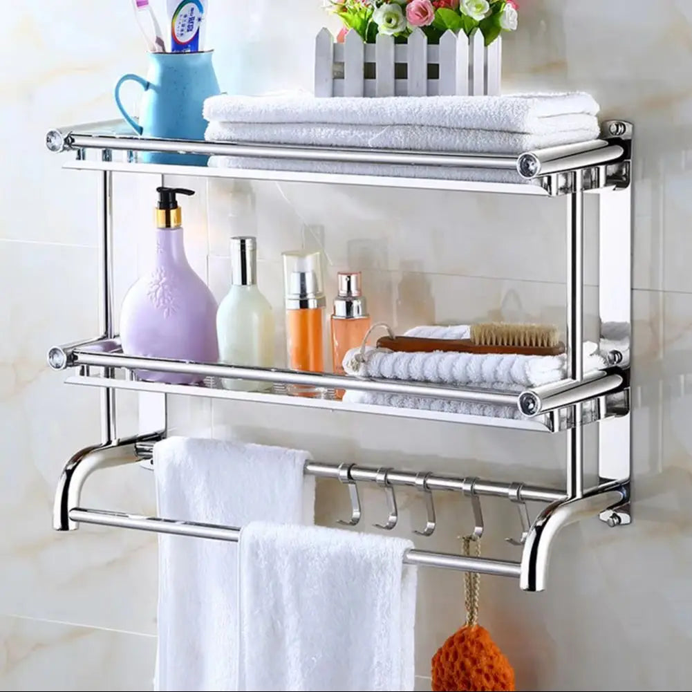 Wall Mounted Bath Towel Rail Bathroom Shelf Holder with Hooks
