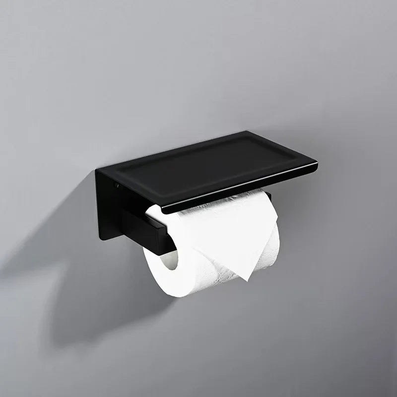Stainless Steel Toilet Paper Holder Wall Mount with Shelf Tissue Paper Roll Holder Drilling Design Bathroom Storage Organizer