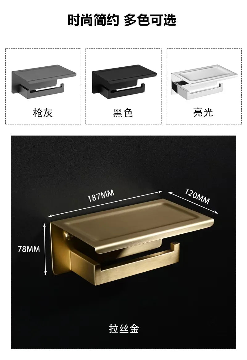 Stainless Steel Toilet Paper Holder Wall Mount with Shelf Tissue Paper Roll Holder Drilling Design Bathroom Storage Organizer