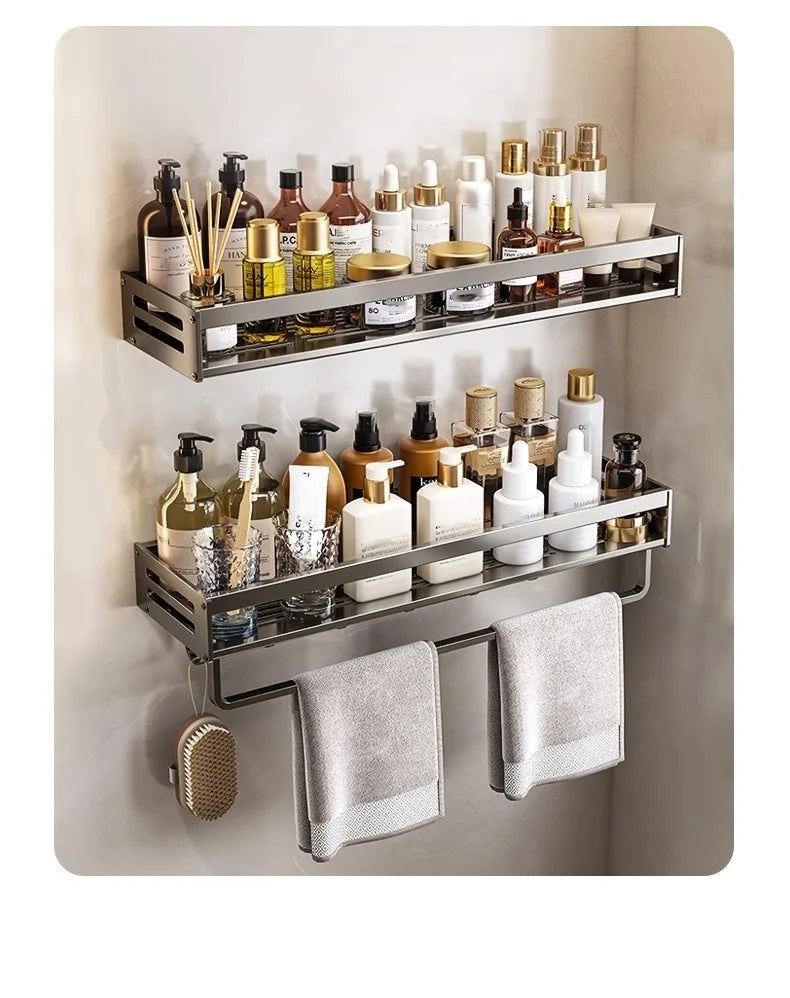 Shower Corner Shelf Without Drilling Aluminum Bathroom Shelf With Towel Bar Shampoo Holder Toilet Rack Bathroom Accessories