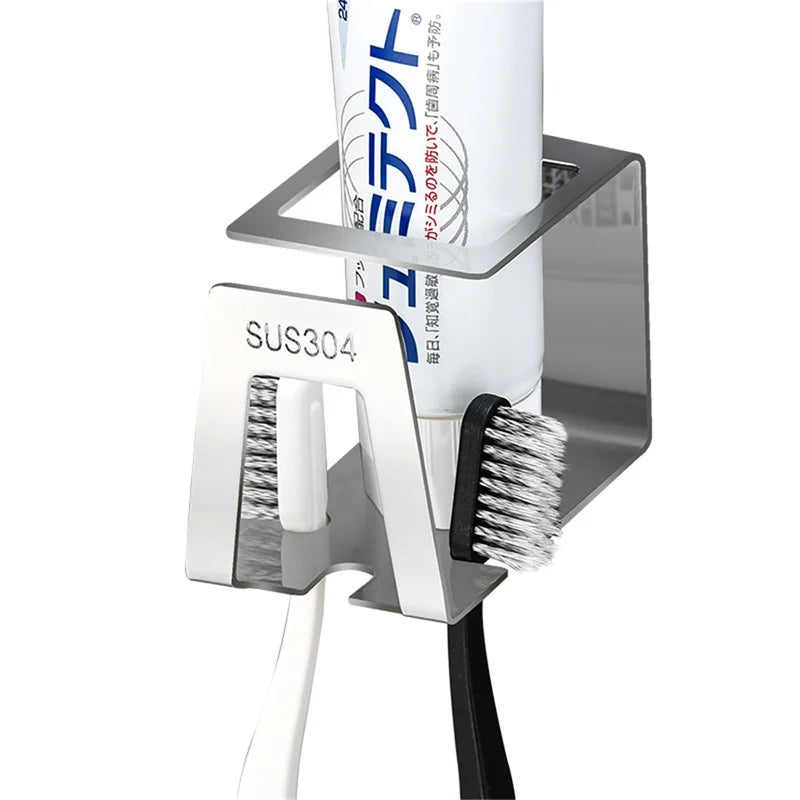 Self-adhesive Wall Mount Stainless Steel Toothbrush Holder Punch-free Toothpaste Organizer Mouthwash Cup Stand Bathroom Tools