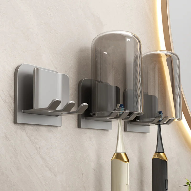 Punch Free Aluminum Wall Mount Toothbrush Holder and Cup Electric Tooth Brush Hold Bathroom Organizer Rack Toothbrushes Storage