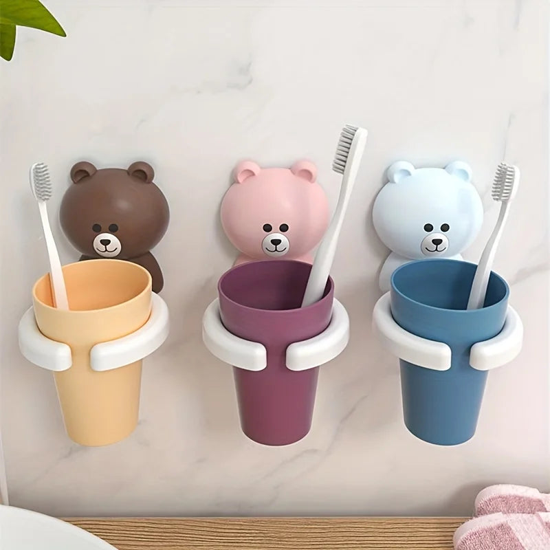 1pc Adorable Bear Wall-Mounted Toothbrush Holder with Gargle Cup - No Drill, Space-Saving Bathroom Organizer, Playful Design