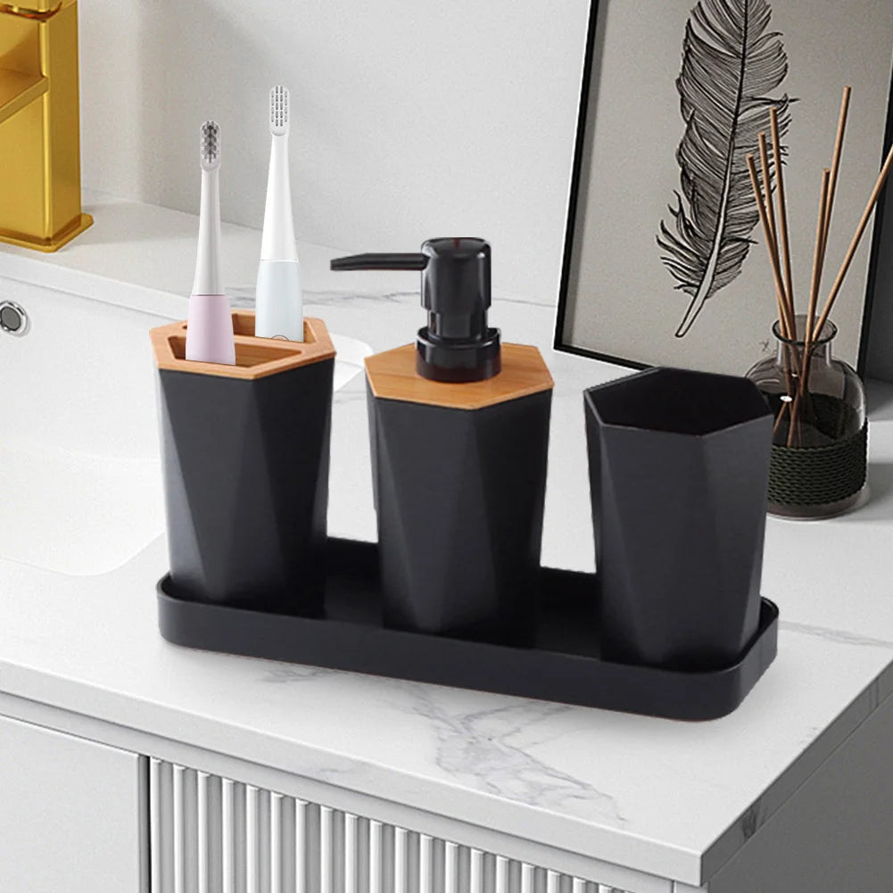 8 Pcs Bathroom Accessories Set with Cup Holder Dish Dispenser Bin Brush (Black)