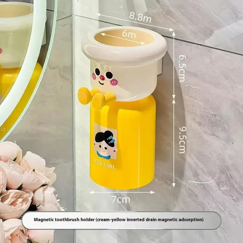 Cartoon Magnetic Toothbrush Holder Punch-Free Upside down Wall Mounted Bathroom Storage Rack Gargle Cup Organizer