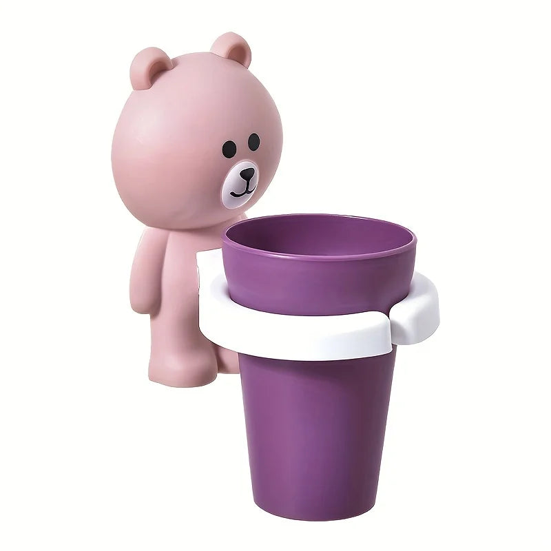 1pc Adorable Bear Wall-Mounted Toothbrush Holder with Gargle Cup - No Drill, Space-Saving Bathroom Organizer, Playful Design