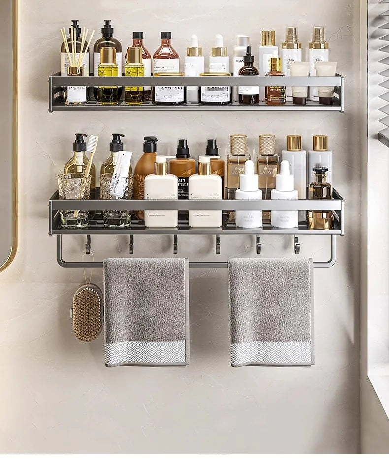 Shower Corner Shelf Without Drilling Aluminum Bathroom Shelf With Towel Bar Shampoo Holder Toilet Rack Bathroom Accessories