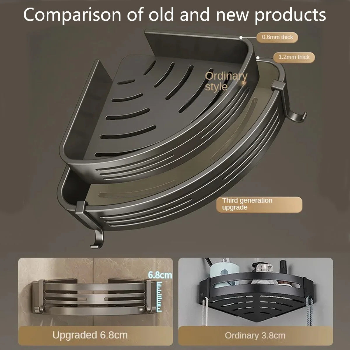 1-2PCS Shower Corner Shelf with Hook Towel Bar No Drill Space Aluminum Shower Storage Rack Bathroom Organizer