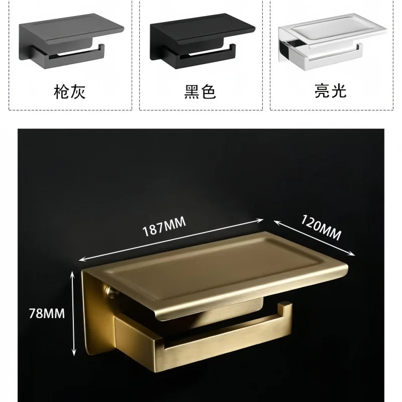 Stainless Steel Toilet Paper Holder Wall Mount with Shelf Tissue Paper Roll Holder Drilling Design Bathroom Storage Organizer