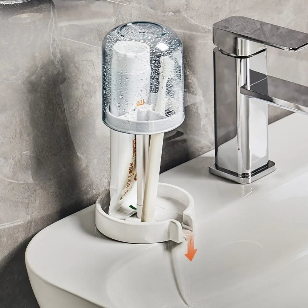 Hygienic Toothbrush Organizer with Protective Lid Ventilated Plastic Bathroom Cup Holder Multifunctional Countertop Storage