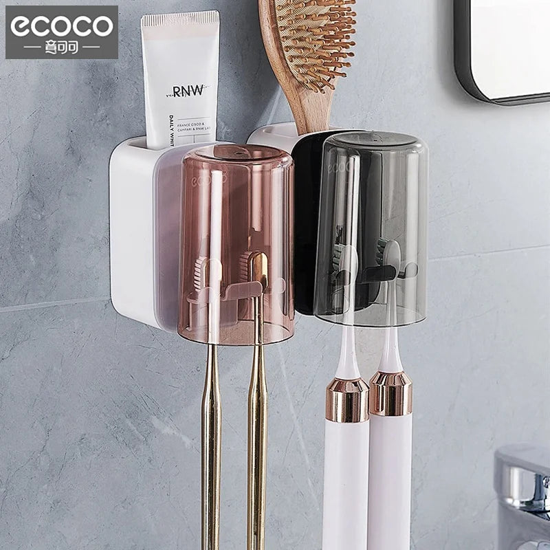 ECOCO Toothbrush Holder and Cup Set Wall Mount Bathroom Accessory Punch Free Mouthwash Holder for Single Home School Student