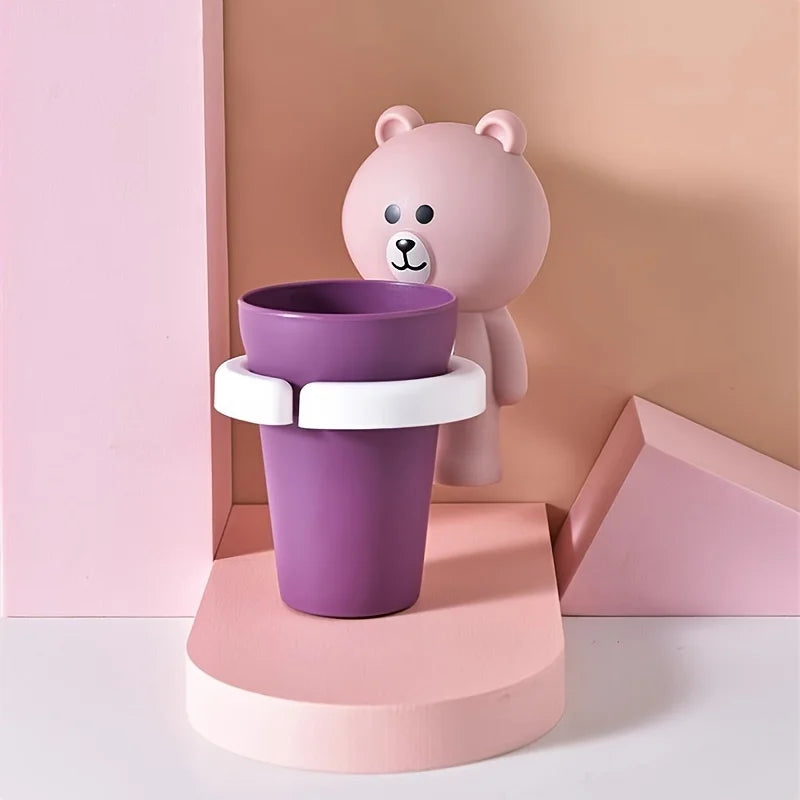 1pc Adorable Bear Wall-Mounted Toothbrush Holder with Gargle Cup - No Drill, Space-Saving Bathroom Organizer, Playful Design