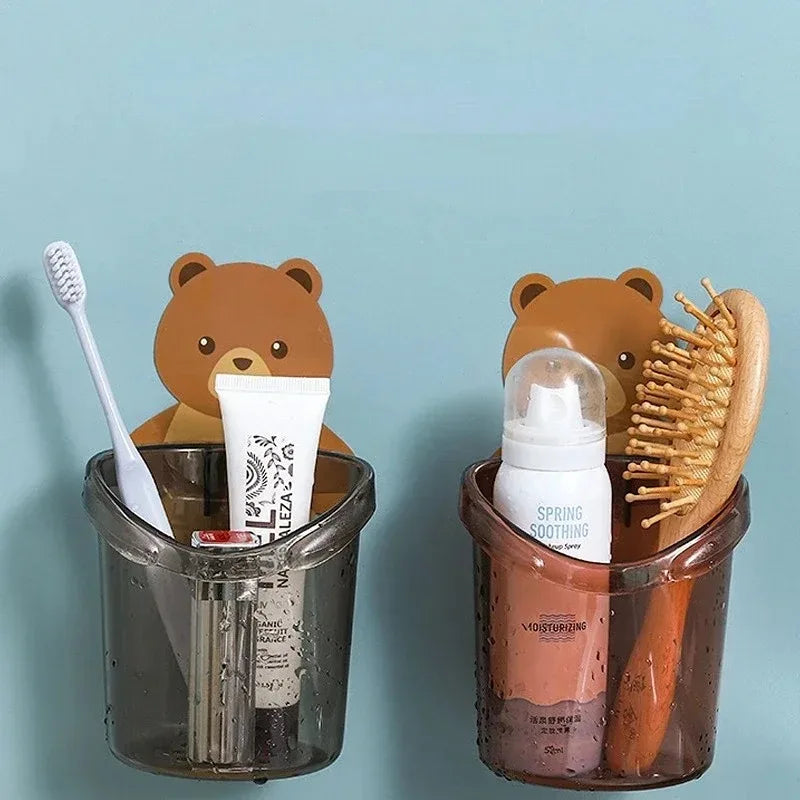 New Toothbrush Holder Adorable Bear Hug Storage Cup Wall-mounted Drain Design Easy Organization Toothbrush Cup Bathroom Supplies